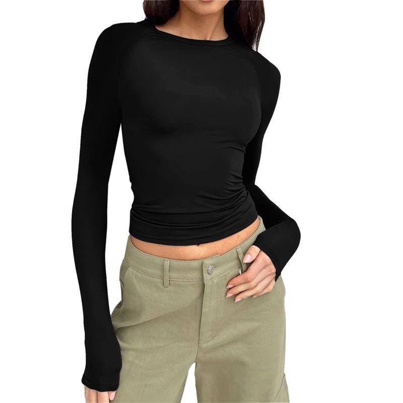 Spring & Fall New Arrival Cross-Border Fashion Round Neck Tight Casual and Comfortable Raglan Long Sleeves T-shirt Pure Color Silm Pullover Base