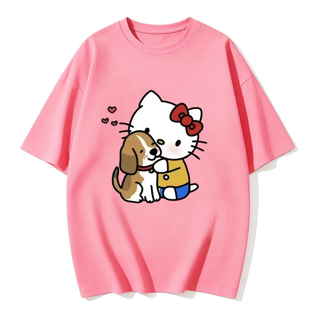 2026 New Summer HelloKitty Cute Graphic Tee Casual Short Sleeve Cotton Top for Women Girls Kawaii Cartoon Print Streetwear