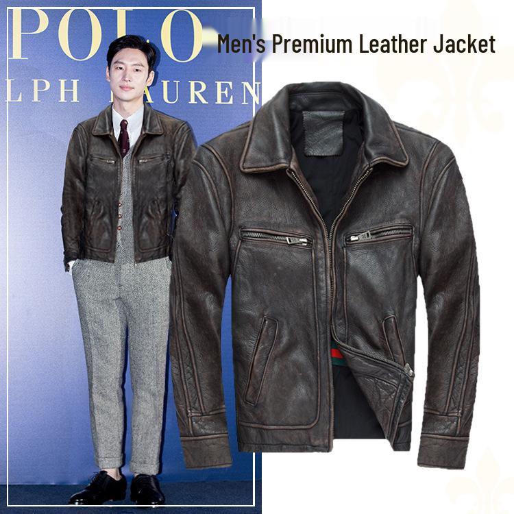 Men's Distressed Cowhide Leather Motorcycle Jacket - European & American Style