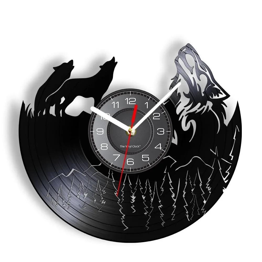 Wolf Howl Mural Decoration Watch Modern Wolf Howl Art Retro Vinyl Record Wall Clock Home Decoration Wolf Enthusiasts Gift Clock