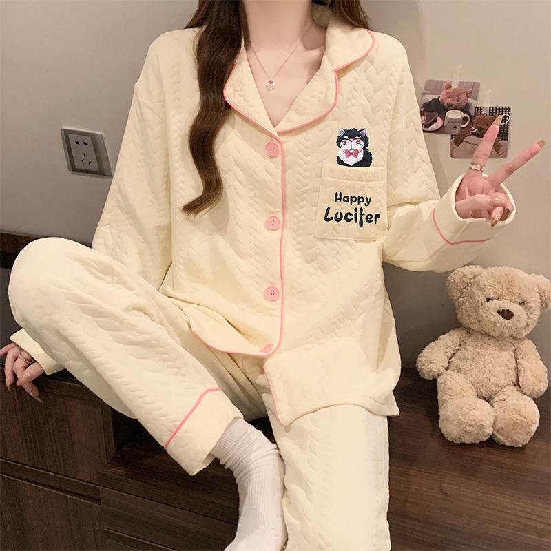 Dackel-Pyjama Herbst und Winter Damen Warm Süß Kariert Luftbaumwolle Lässig Trend Cartoon Loungewear Set