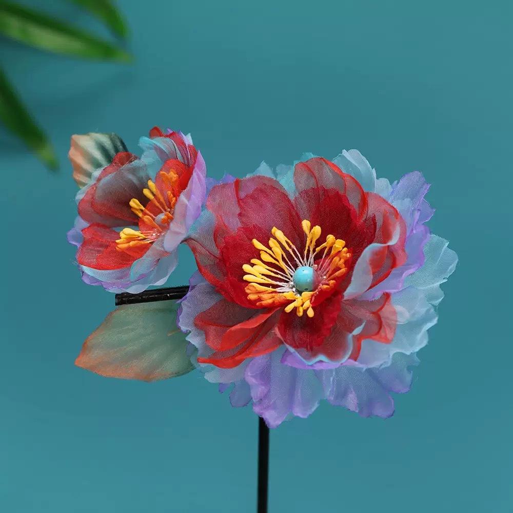 Handmade Juan Yarn Hot Flower Hairpin Peony Peony Hanbok Back Pressure Headdress Tang Style Flower Gradient Green Ancient Style Hanbok Headwear