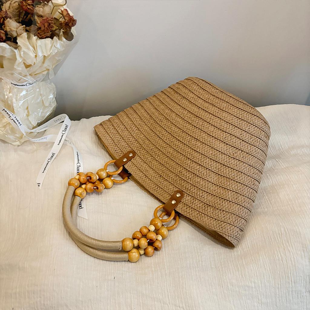 Woven Straw Shoulder Bag Lightweight Large Capacity Beaded Handle Zipper Closure for Beach Vacation Summer Outings Handbag