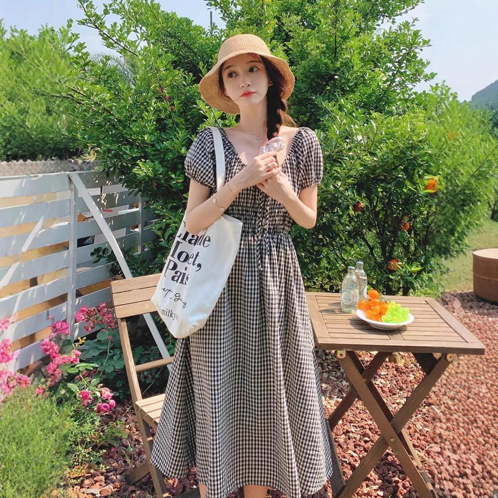 French black bubble sleeve plaid dress children's summer 2026 new small temperament slim dress