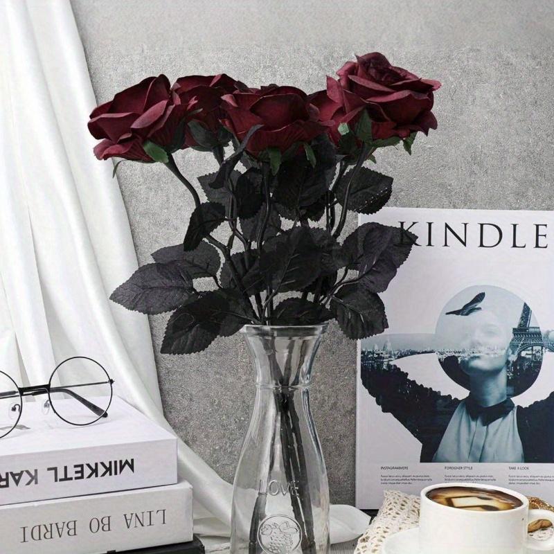 Artificial Silk Roses Bouquet with Long Stem, for Home Wedding Party Decor, Halloween Gothic Dark Arrangements, Outdoor Photo Props