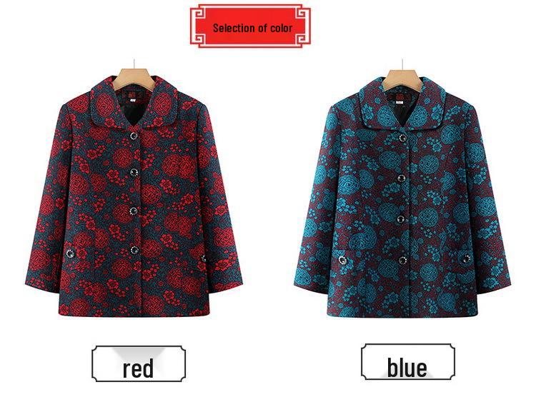 2026 Plus Size Printed Jacket for Middle-aged and Elderly Women, Spring/Autumn, Loose & Slimming, Lapel Top