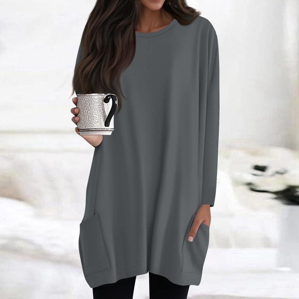 Womens Tops Round Neck Long Sleeve Blouses Casual Mid-length Shirts Fashion Print Tunic Tops With Pockets