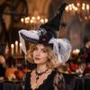 Multi Layered Lace Decor Halloween Witch Hat for Women, Gothic Spider Web Mesh Skeleton Hand Outfit Props Rose Flower Wizard Costume, Cosplay