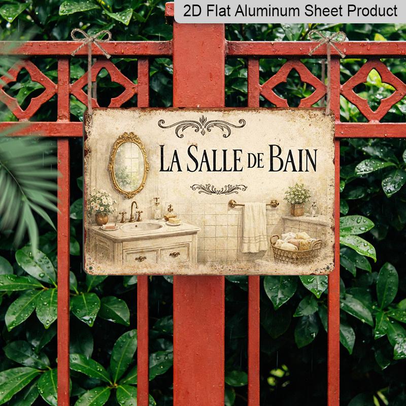2D Flat Vintage French Bathroom Decor Sign Measuring 11.81X7.87 Inches | Wall Art for Bathroom Vanities, Rustic Style Metal Art Sign, Suitable for