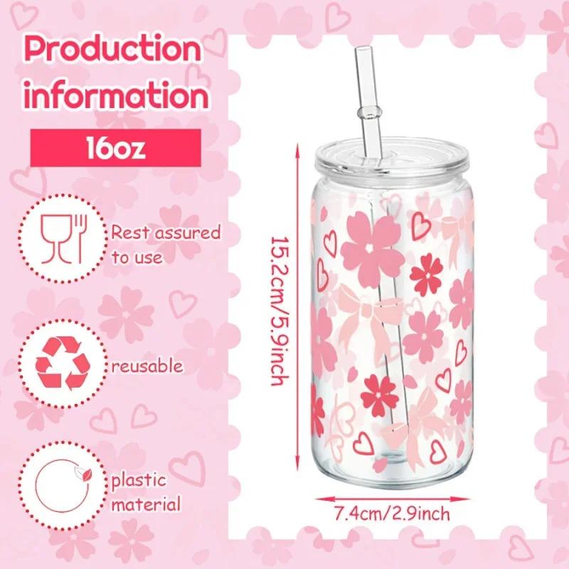 16oz Reusable Plastic Cup with Straw Lid Cute Bow Cherry Water Bottle Iced Coffee Juice Milk Mason Cups Drinkware Holiday Gifts