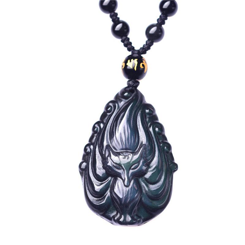Pendente Collana Raffinatamente Scolpito in Ossidiana Volpe a Nove Code per Uomo e Donna