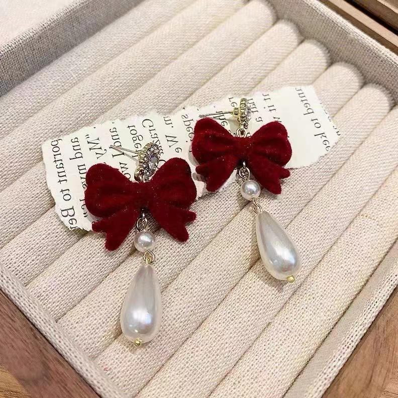 Burgundy Velvet Bow Pearl Earrings - Sweet, Elegant, Long Autumn/Winter New Year Accessories