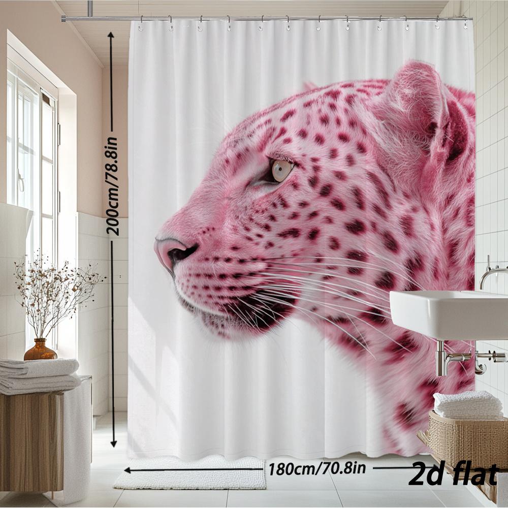 Pink Leopard Shower Curtain – 2D Flat Realistic Print, White Background, Polyester, 12 Hooks, 70.87×70.87 Inch