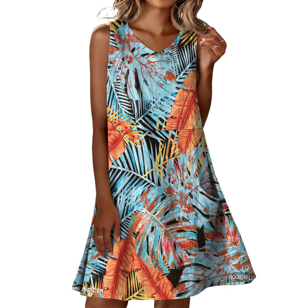 Summer Dresses For Women Loose Beach Vacation Casual Sleeveless V-neck  Sundresses With Pockets Tank Dress