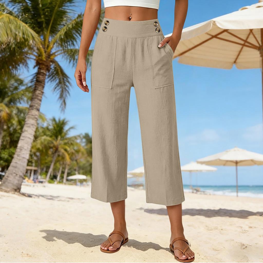 Women's Loose Fit Solid Color Straight Leg Elastic Waist Beach Capris Casual Pants with Button Detail and Side Pockets