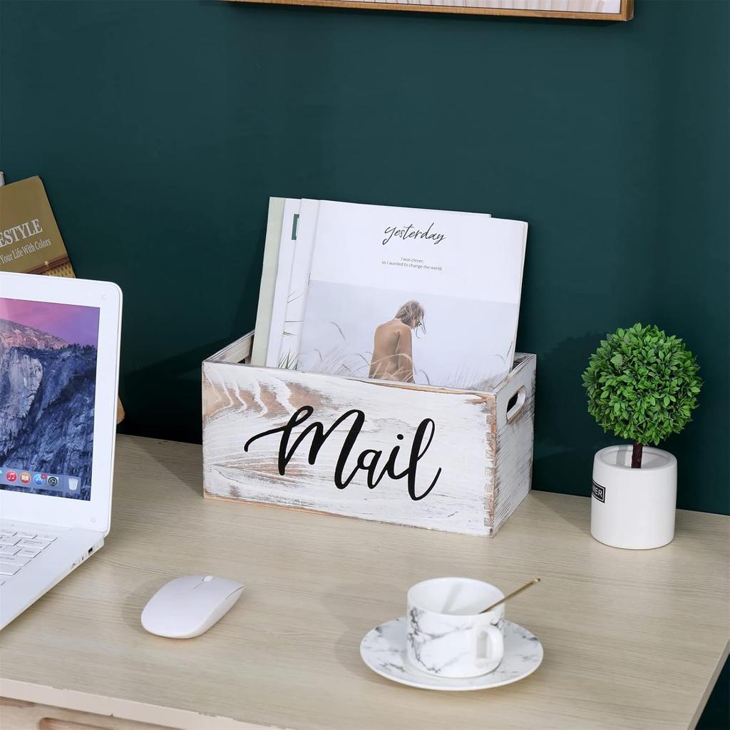 Mail Organizer Countertop Mail and Key Holder for Desk Mail Basket Letter Organizer Caddy Dorm Organizer Rustic Home Decor Mailbox White 5.5*5.5*11.4