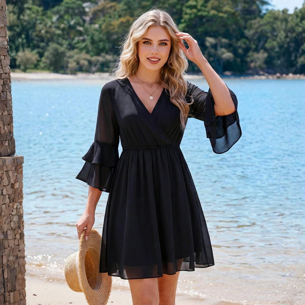 Women’s V Neck Floral Print Dress with Ruffle Sleeves and Elastic Waist Casual Loose Fit A Line Mini Dress