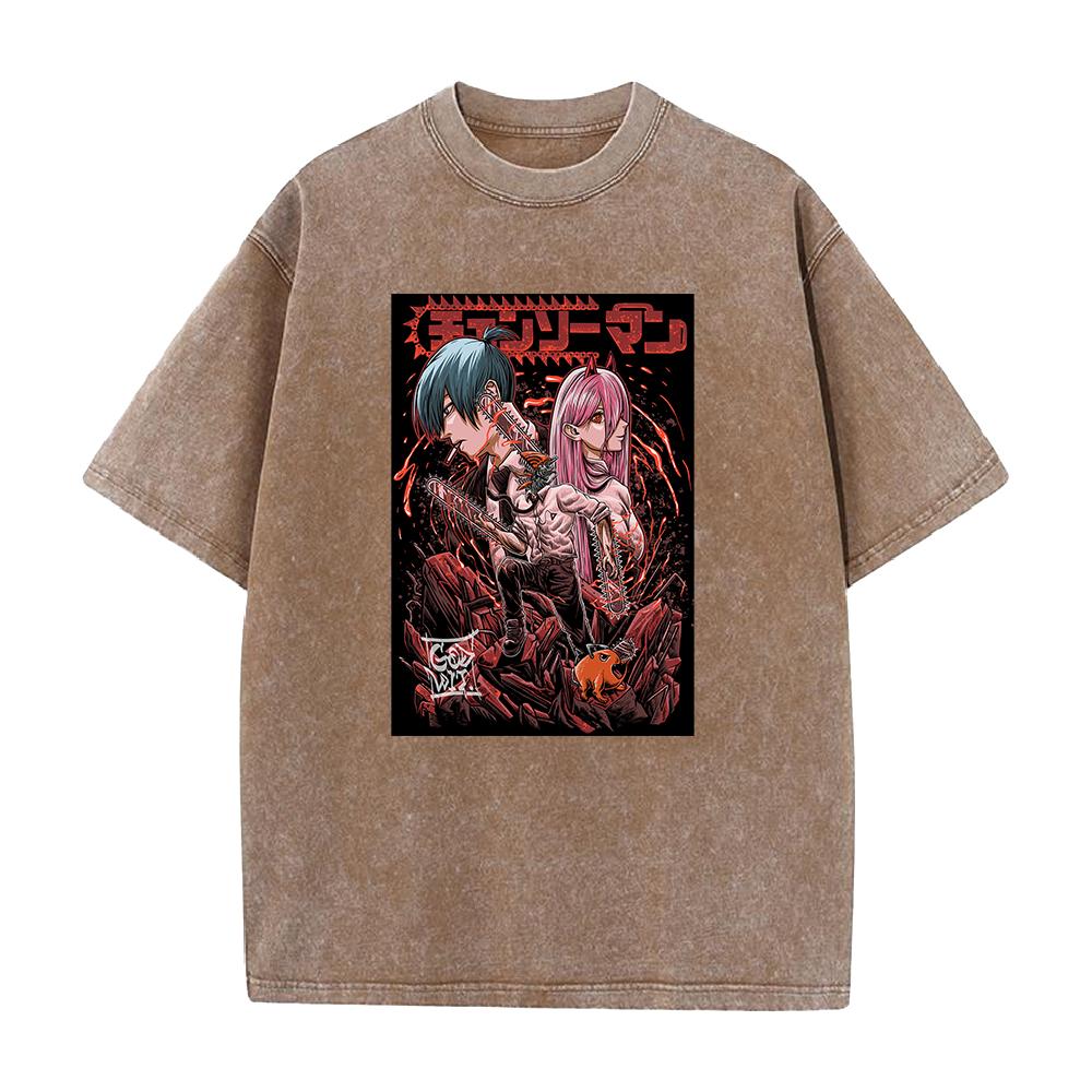 Chainsaw Man Anmie Tshirt Denji And Power Hayakawa Aki Print Men Women Washed Cotton Tshirts Harajuku Unisex Oversized T Shirt