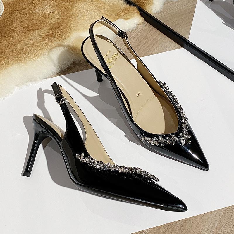 24H1 high heels women's high-end sense thin heel temperament fashion nude not tired feet pointed rhinestones empty shoes