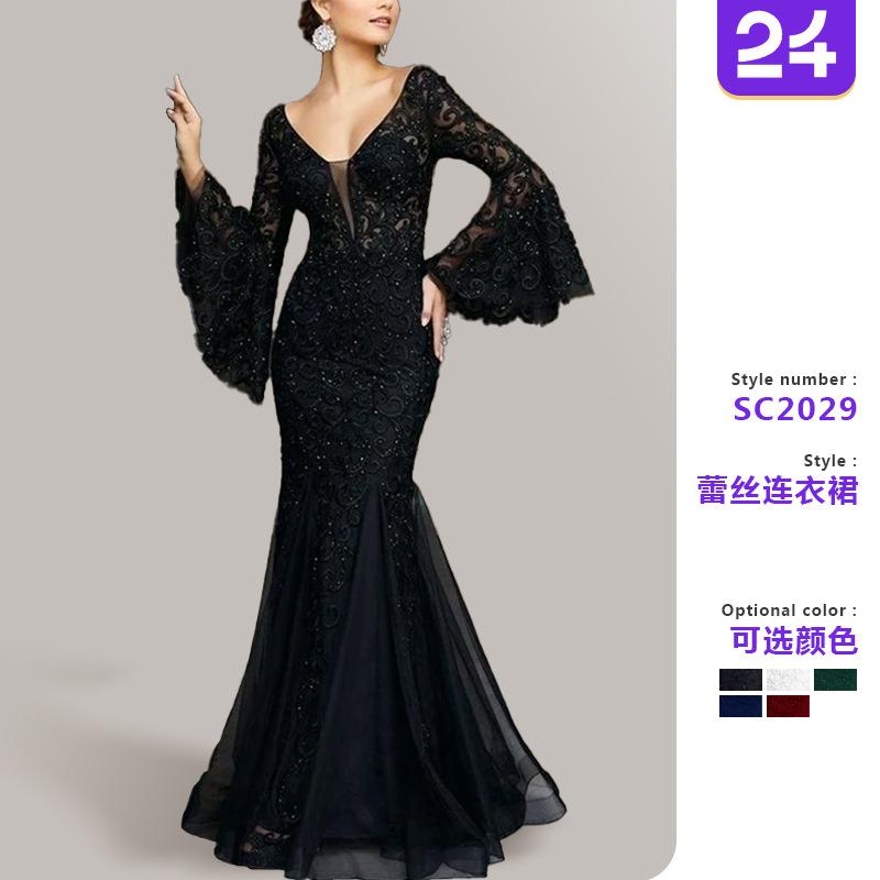 2026 Cross-border New European and American Women's Clothing Amazon Dress Lace Embroidered Fishtail Black Slim-fitting Evening Dress