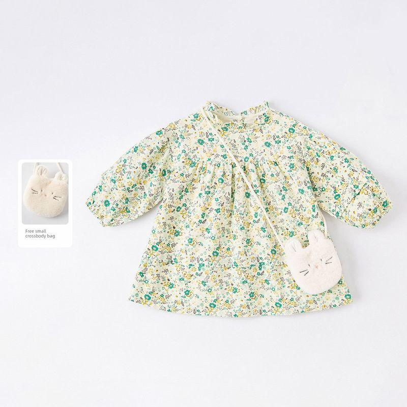 

David Bella Girls Dress Spring Outfit Children s Sweet Floral Dress Toddler Baby Stylish Long-Sleeve Dress Green [Spot] 80cm (Recommended Height 73-80cm)