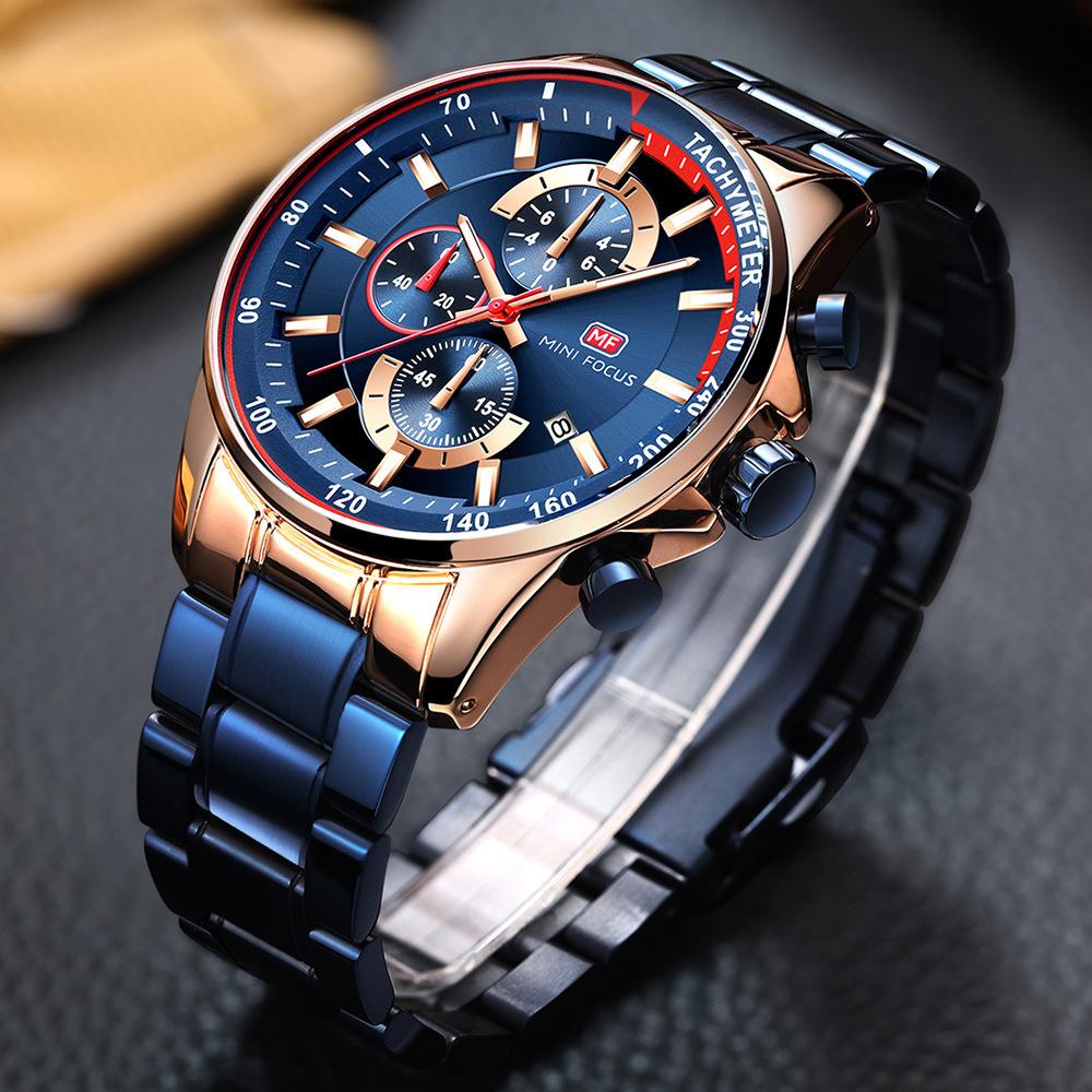 Mini Focus Fashion Steel Belt Speed Measurement Men'S Watch Three-Eye Chronograph Calendar Luminous Waterproof Quartz Watch 0218G