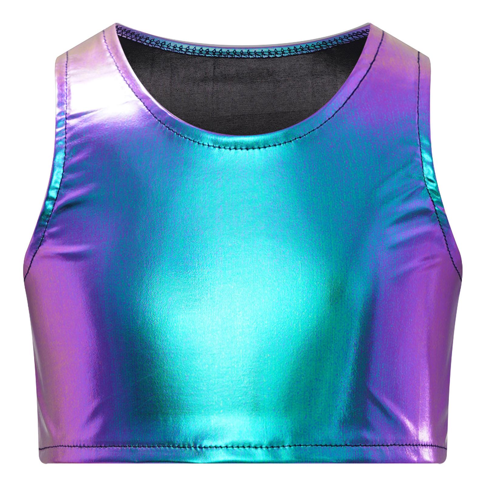 Mädchen Metallic Tanzweste Ärmellos Crop Tanktop Jazz Cheerleading Bühnenauftritt Kostüm 11-14 Years blau