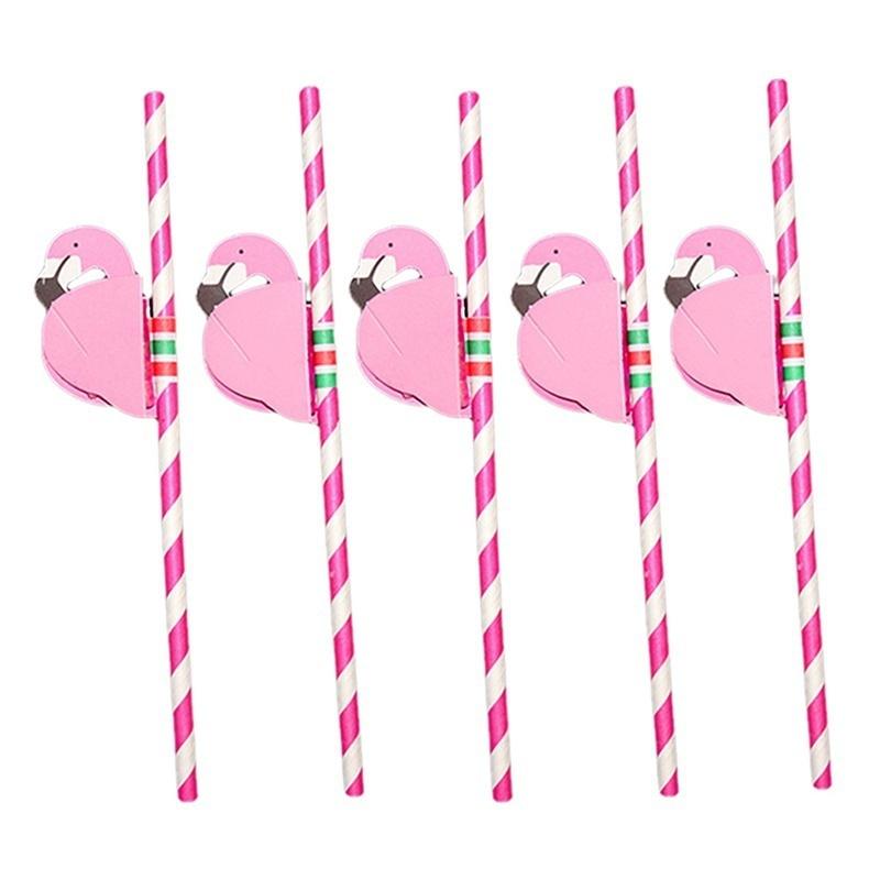 5Pcs Pink Flamingo Paper Straws Luau Tropical Beach Party Barware Favor