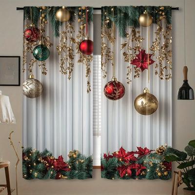 2pcs Festive Santa & Bell Christmas Curtain Set - Vibrant Polyester Drapes with Rod Pocket  for Bedroom Living Room Decor