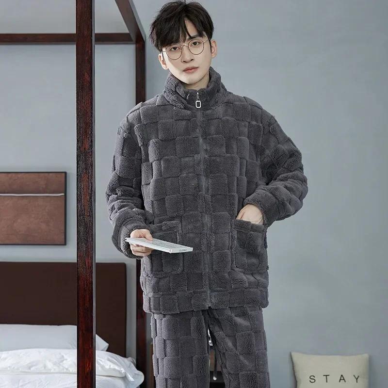 

Men s Thicken Warm Pajamas Sets Flannel 2 Piece Sets Sleepwear Male Autumn Winter Home Suit Soft Nightwear Pijama Loungewer L темно серый