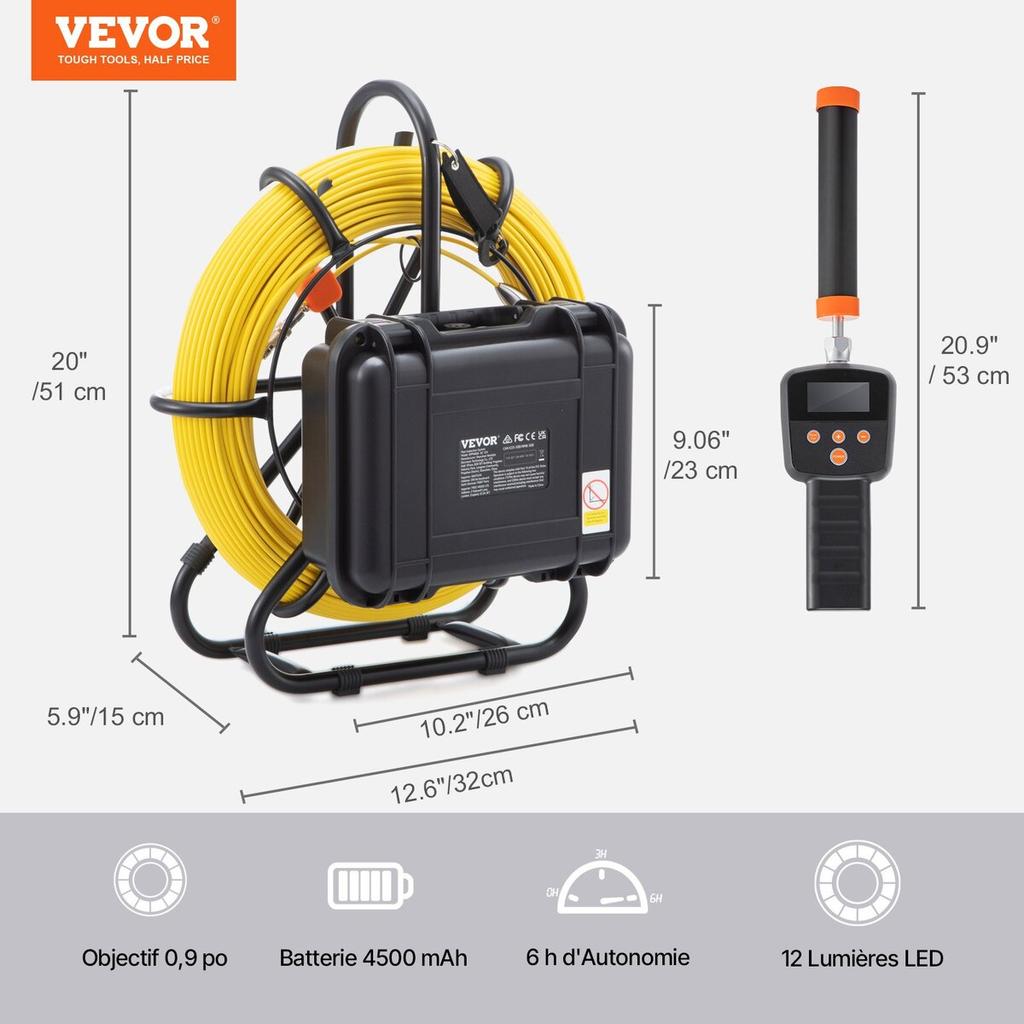 Sewer Camera Pipe Inspection Camera w/ 512hz Sonde 9in 720p Screen 165 ft