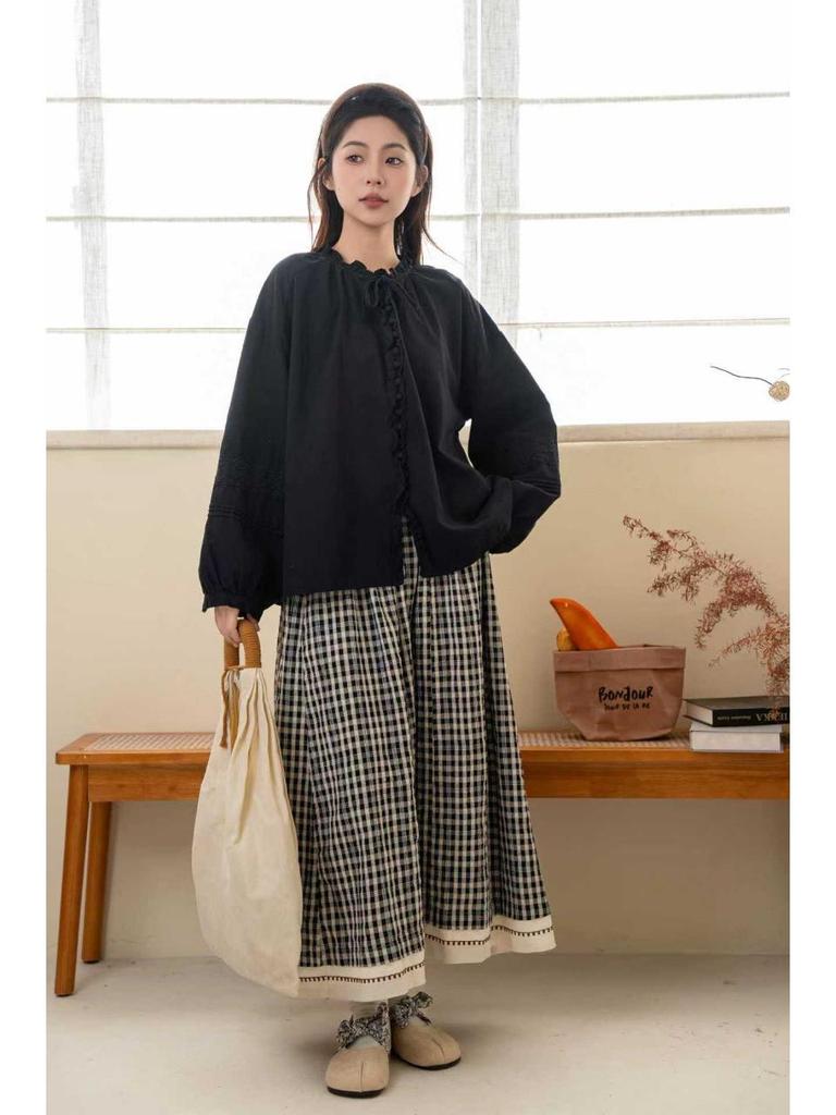 Forest Girl Lace Collar Puff Sleeve Cotton-Linen Cardigan