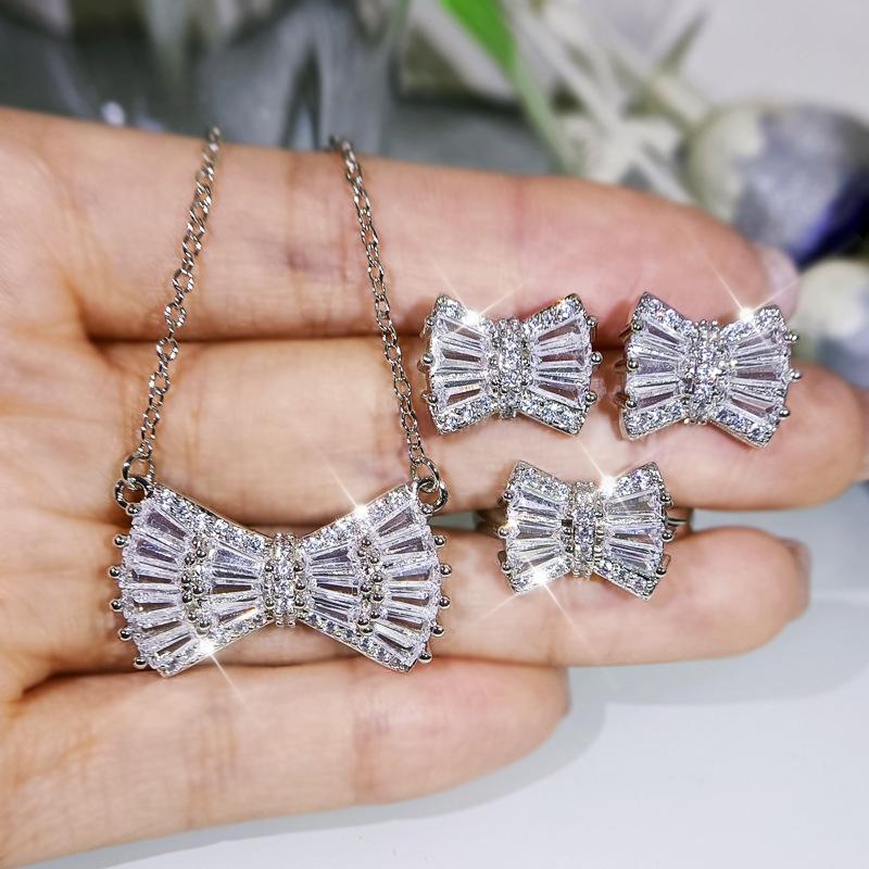 Korean Version Simple Bow Necklace Earrings Three Piece Set Platinum Plated Set with Zirconium Womens Fashion Accessories