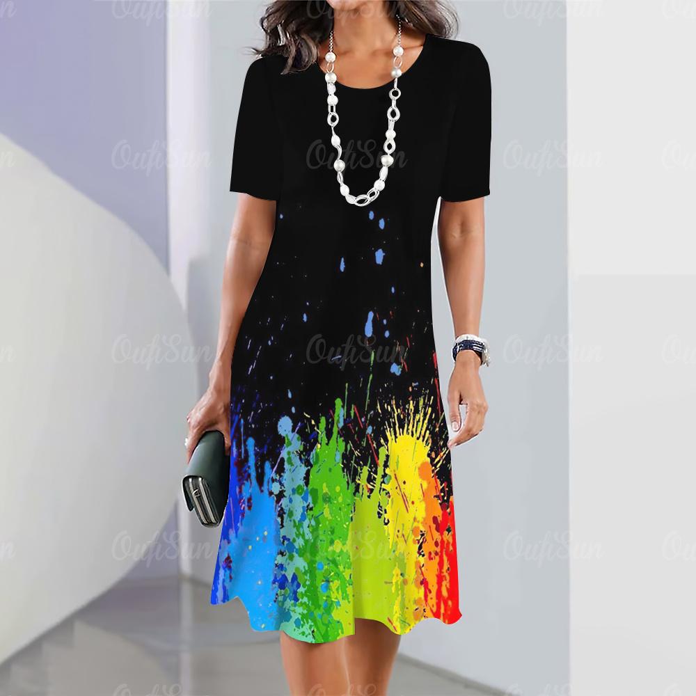 Gradient Dresses Summer Elegant Women'S Clothing Fashion Flowers Print Short Sleeves A-Skirt 2023 New Oversized Evening Dress