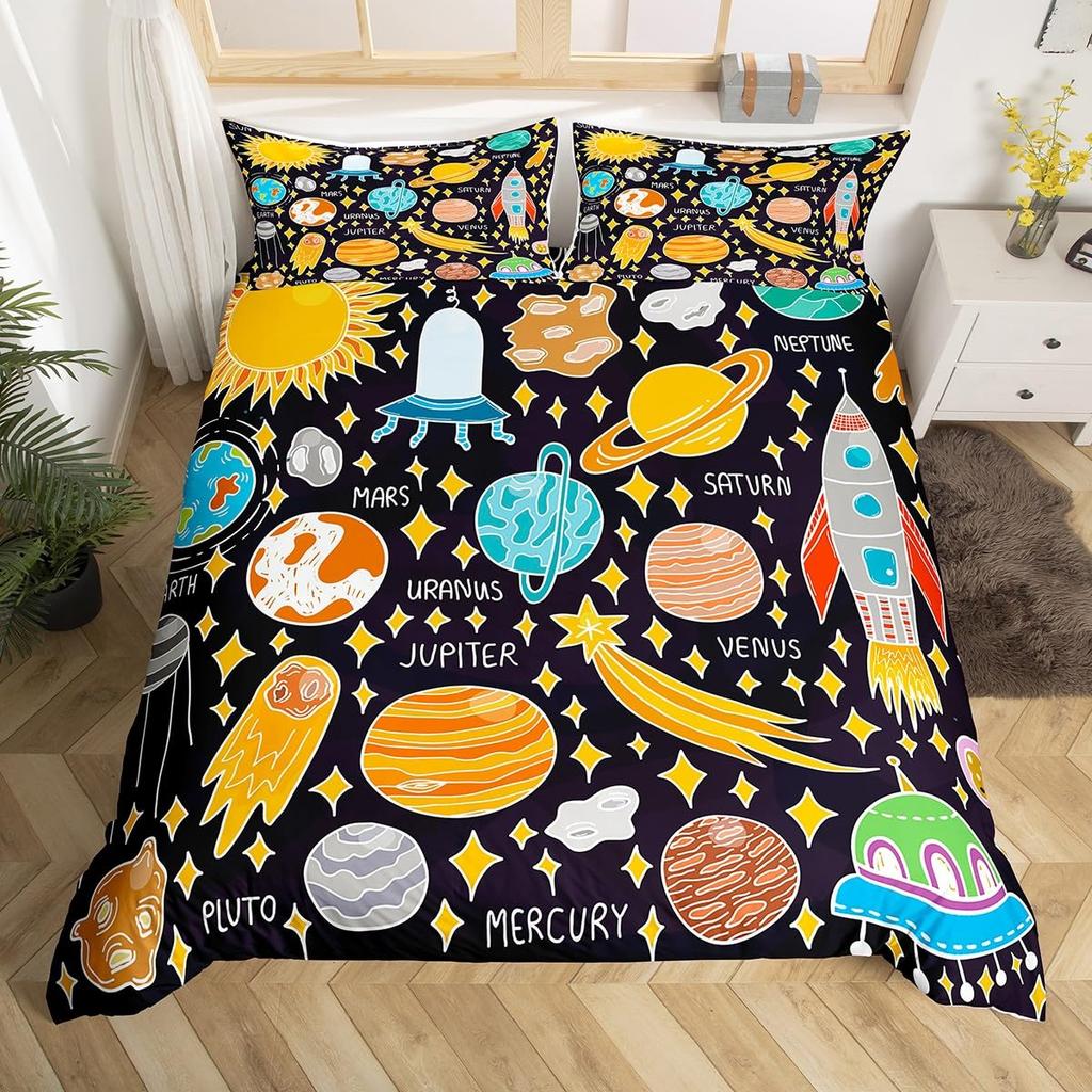 Outer Space Planet Galaxy Duvet Cover Twin King Kids Cartoon Bedding Set ABC Alphabet Learning Comforter Cover with 2 Pillowcase
