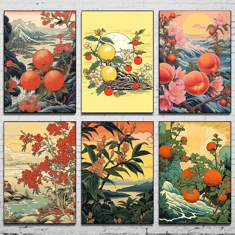 Canvas Printing Fruit Japanese Vintage Creative Landscape Forest Lake Posters and Prints Wall Art Picture for Living Room Decor