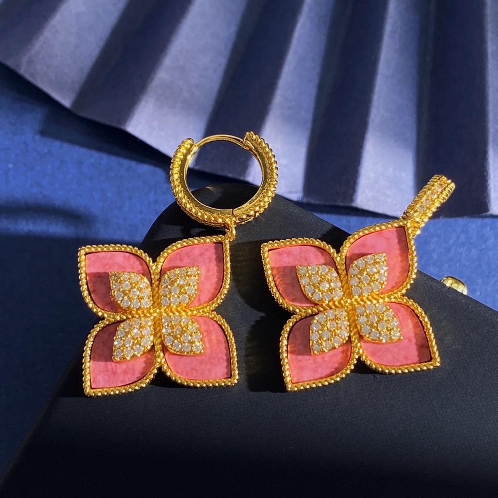 Natural Fritillary Agate Four-leaf Clover Flash Diamond Flower Earrings Women's Three-dimensional Pendant Malachite Green Earrings Earrings 2026