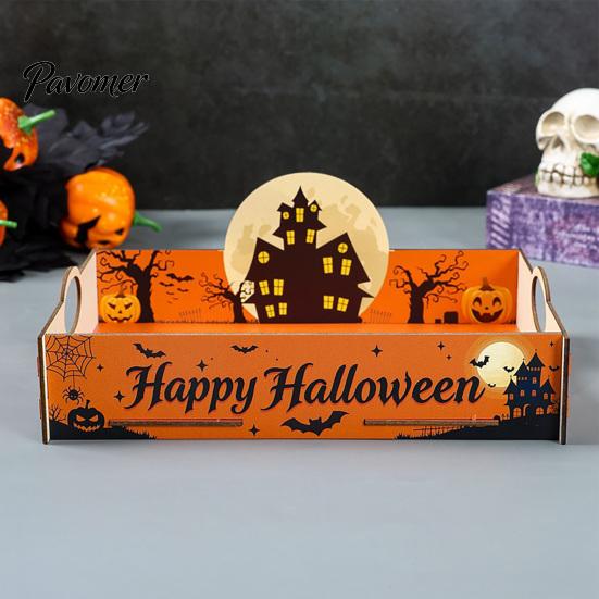 Pumpkin Table Decor Halloween Witch Decorative Wood Serving Tray with Handle, Ghost Castle Trick or Treat Dessert for Party Accessories Wooden Platter