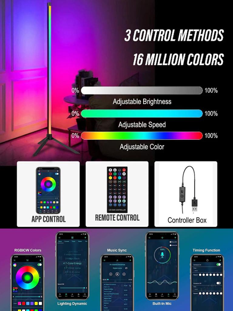 120cm Tripod RGB Corner Floor Lamp Bluetooth Tuya wifi Dimmable Led Standing Lights Living Room Bedroom Home decor Mood Lighting