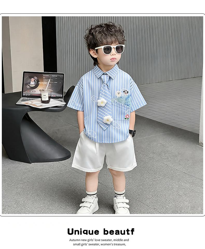 Children's Summer Short sleeved Shirt 2026, Boys' Blue Thin Shirt Set, Baby Boys' Summer Clothing, Children's Clothing Trend