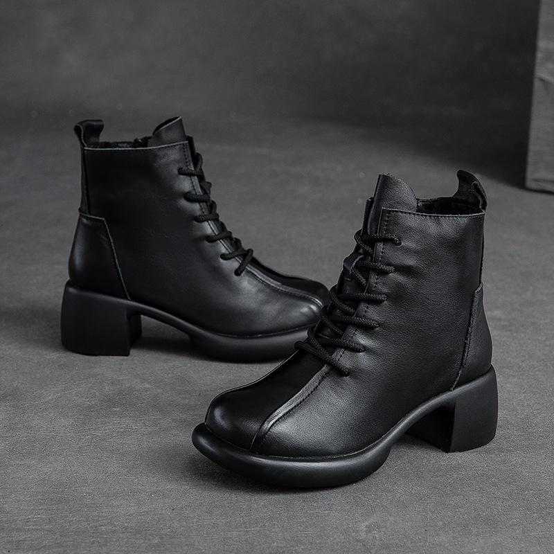 Fashion GKTINOO Handmade Retro High Heel Boots Women Autumn Winter Full Cow Leather Round Toe Zipper Trend Warm Ankle Boots Female