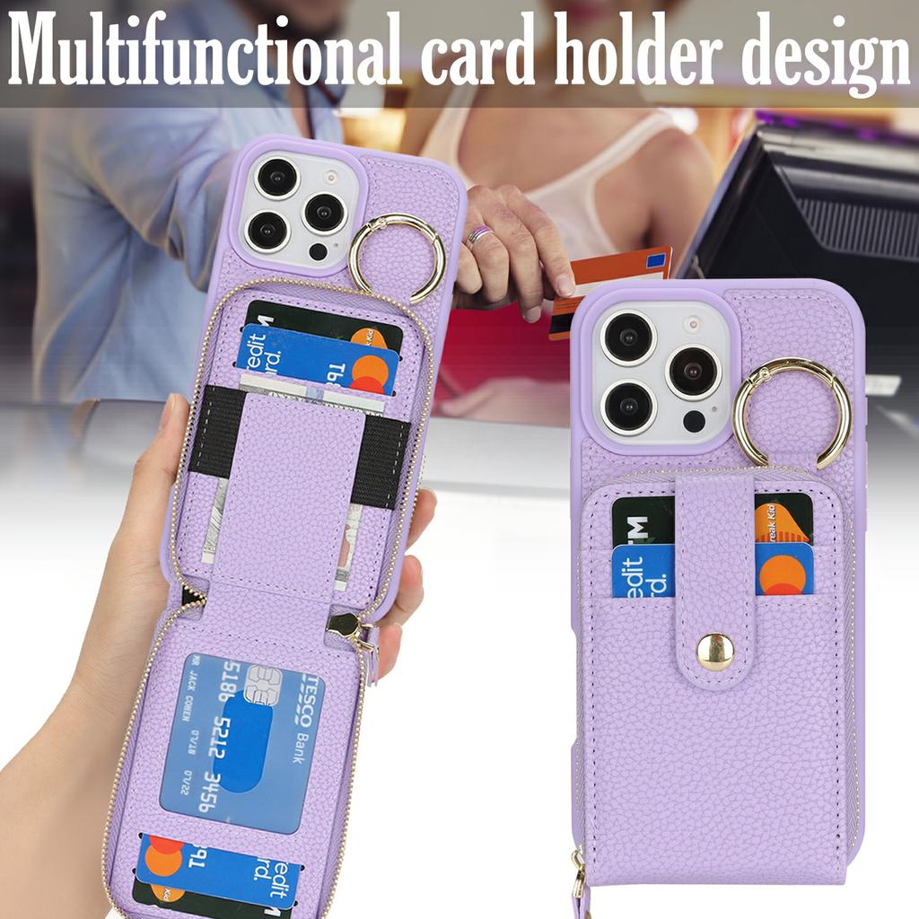 For iPhone 16 Pro Max Case with Zipper Pouch/Ring Kickstand/Strap Litchi Texture PU + TPU Phone Cover