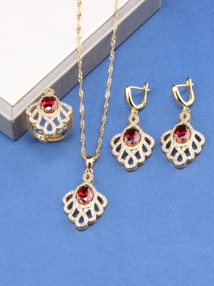 Unique  Gold Plated Wedding Accessories Big Jewelry Sets Colorful Zircon Bridal Necklace And Earrings Ring For Women Gift