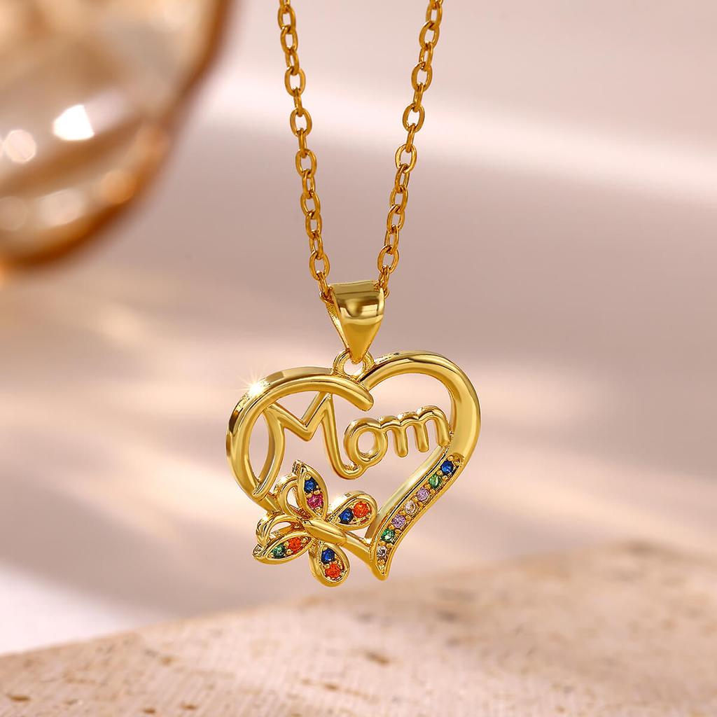 Gold Color Mom Necklace Colorful Butterfly Women Charm Red CZ Heart Musical Note Pendant Dainty Jewelry For Mather Birthday Gift