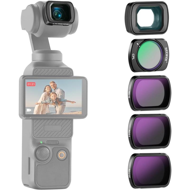 NEEWER ND Filter Set with 0.75x Wide Angle Lens 108° FOV, ND16 + ND64 + ND256 + CPL Compatible with  Osmo Pocket 3 /4