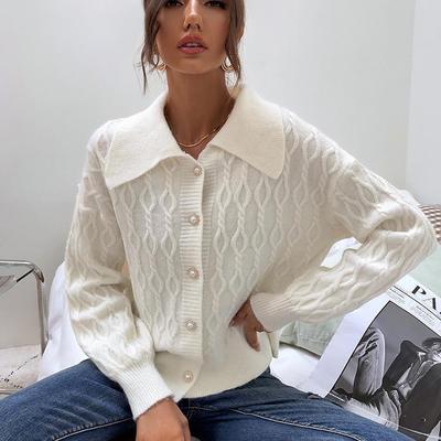 2025 Autumn/Winter Women's Single-Breasted Knitted Cardigan - Solid Color, Turn-Down Collar, European & American Style
