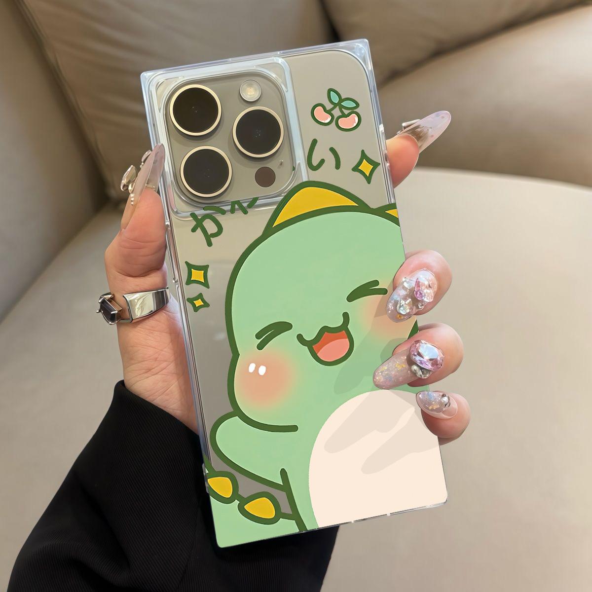 

Прозрачный чехол с квадратной задней стенкой и защитой боковых граней для iPhone 11 16 ProMax 12 14 Pro Max 13 15 Plus, не подверженный окислению, с милым узором маленького динозавра iphone 11 ProMax