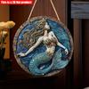 2D Flat 20*20cm1pc Cartoon blue mermaid pattern Round Pendant, Blue Beautiful Dreamy Style Art plaque, Suitable for Bar&corridor&Girl bedroom&window