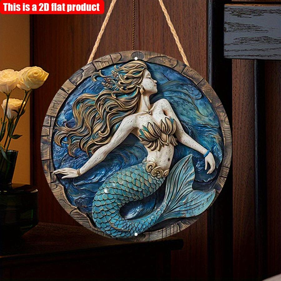 2D Flat 20*20cm1pc Cartoon blue mermaid pattern Round Pendant, Blue Beautiful Dreamy Style Art plaque, Suitable for Bar&corridor&Girl bedroom&window