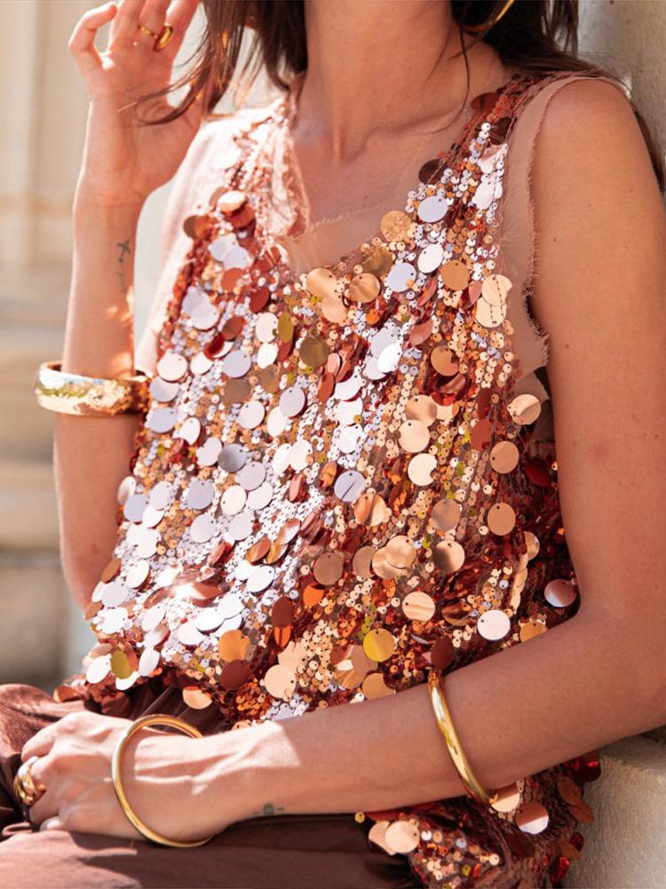 Women's Sequined Round Neck Sleeveless Vest Women's Festival Green Vest 2026 New Model